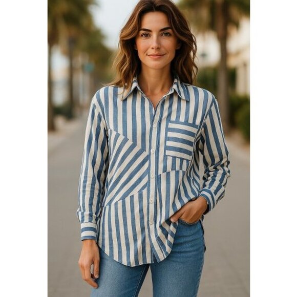 Studio 1886 Tops - STUDIO 1886 Blue White Asymmetrical Striped Tunic Blouse Ladies L 12 14
